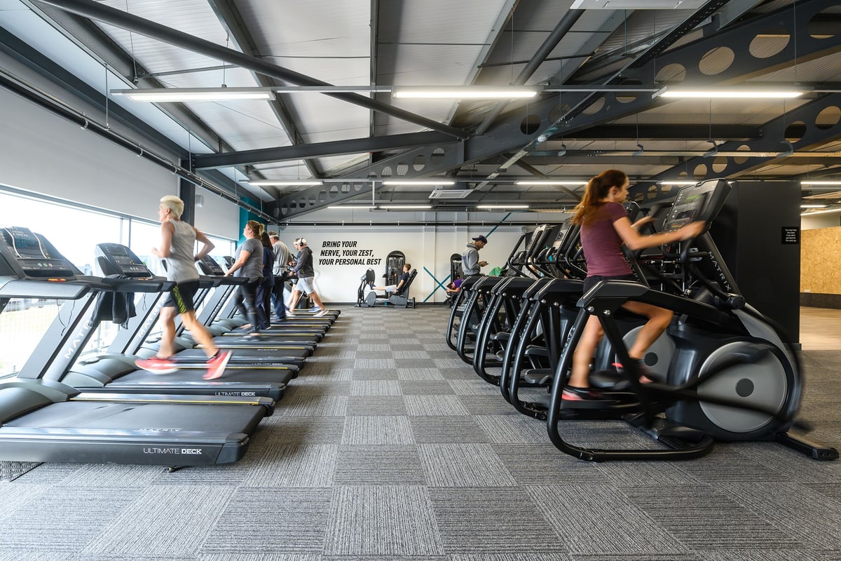 PureGym Barnstaple: Treadmills lined up on one side, stationary bikes on the other in a modern gym space.