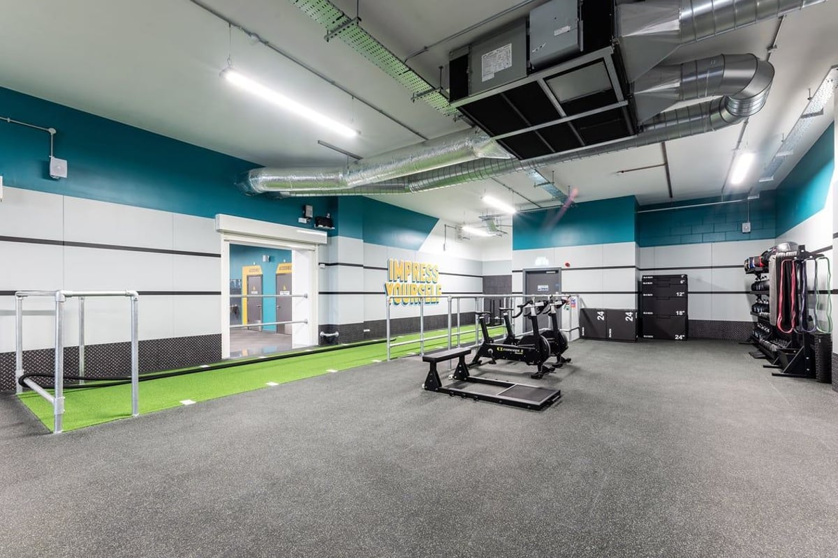 PureGym London Feltham: Functional training area with artificial turf, freeweights, resistance bands, and plyo boxes.