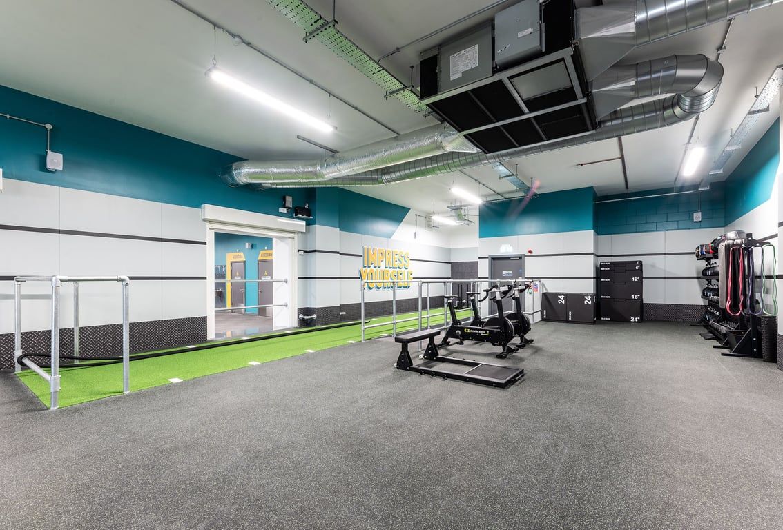 PureGym London Feltham: Functional training area with artificial turf, freeweights, resistance bands, and plyo boxes.