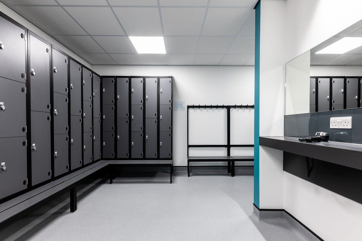 PureGym Lincoln Carlton Centre: Rows of lockers, benches in a changing room setting.