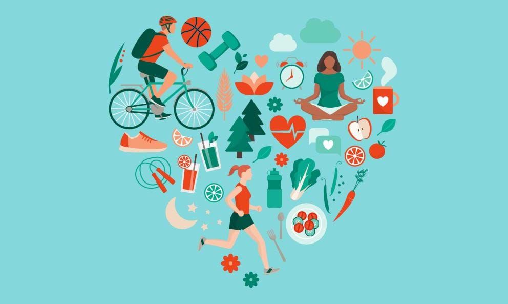 Herzförmige Collage gesunder Lebensstil-Symbole mit Radfahren, Laufen und Meditation.