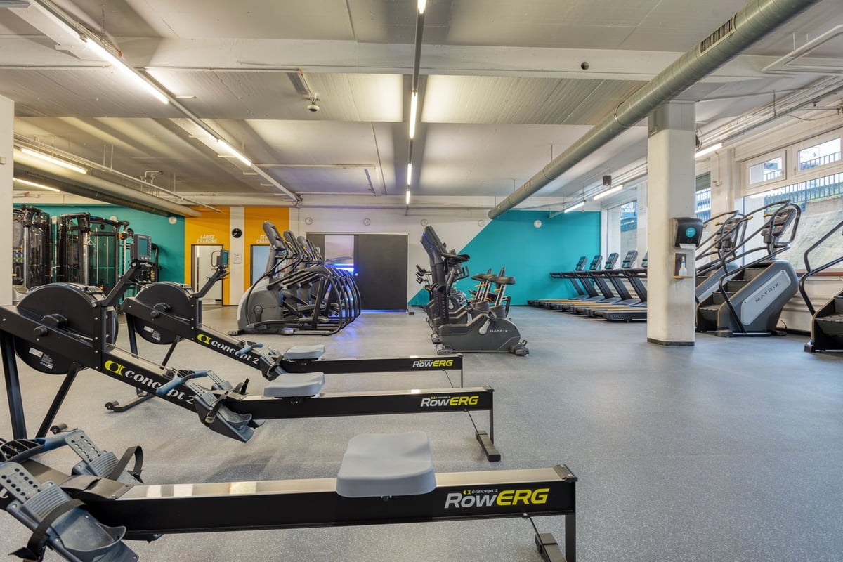 PureGym Dübendorf: Cardio area with rowing machines, ellipticals, and colourful wall graphics.