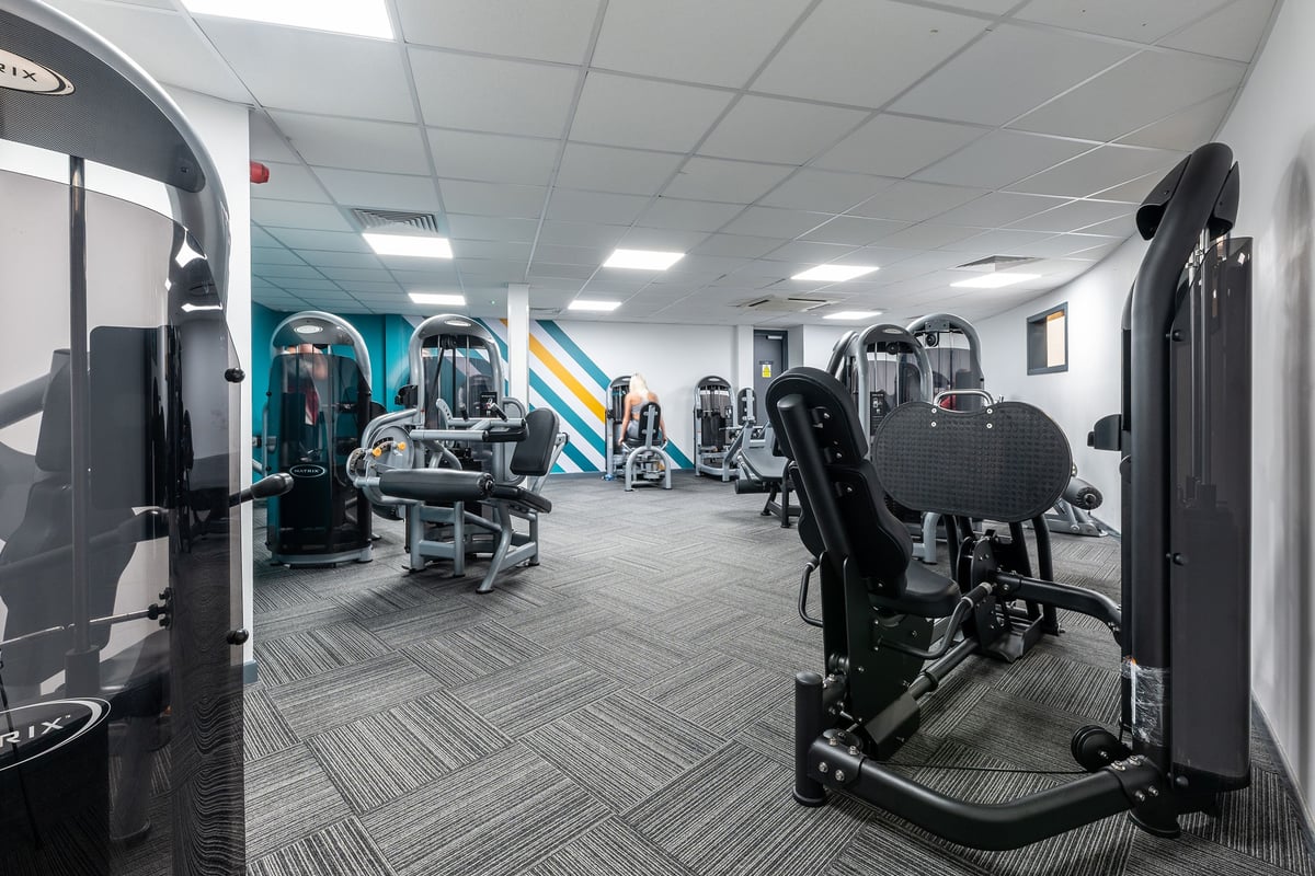 PureGym Bangor Northern Ireland: Resistance machines, free weights, weight benches, and rubberized flooring in a gym setting.