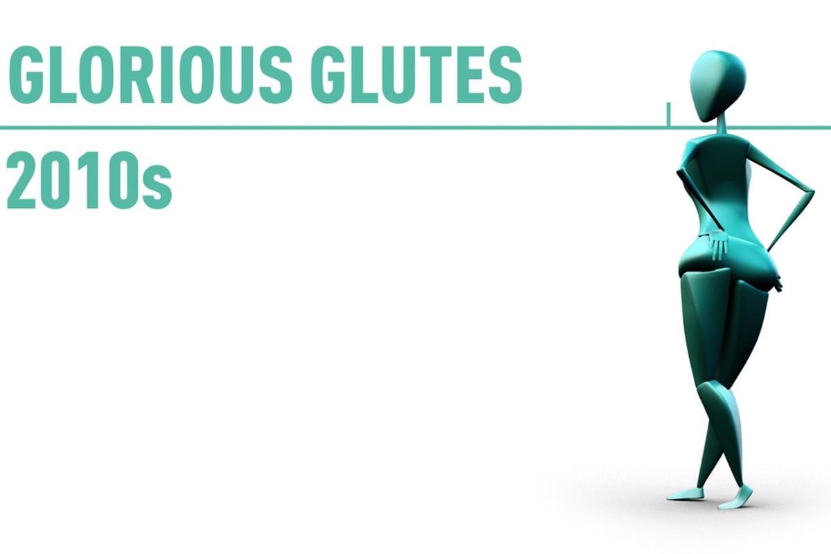 Stylised figure with emphasised glutes labelled glorious glutes 2010s