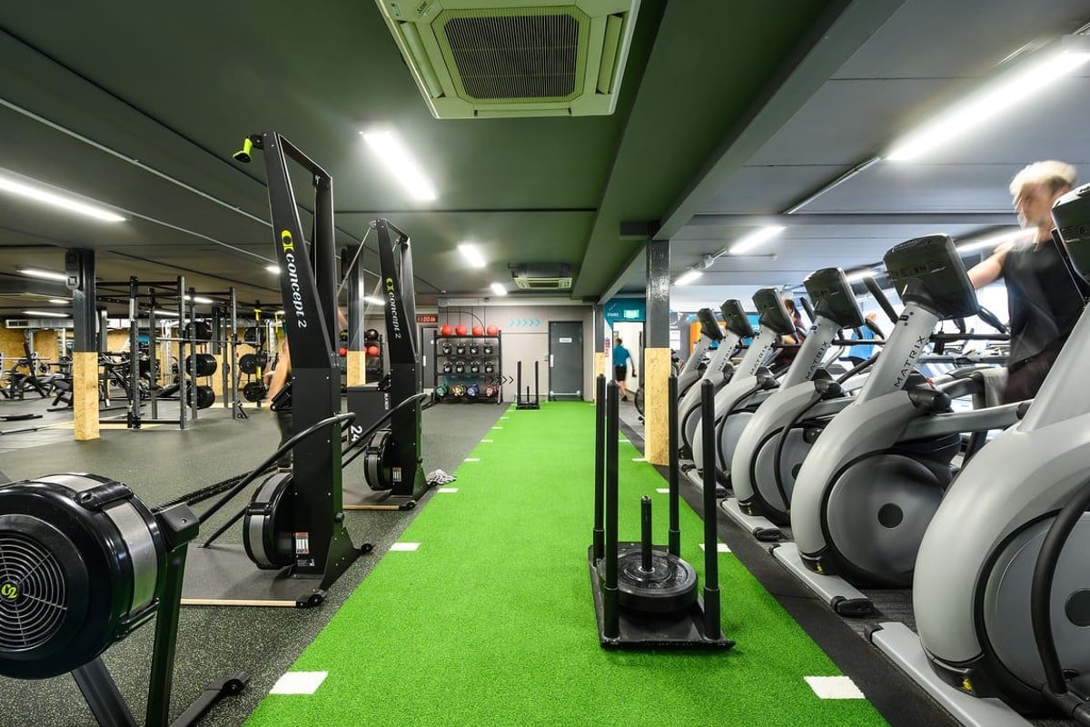 PureGym Reading Caversham Road: Rows of cardio machines, weight racks, benches, mirrors in a green and grey fitness studio.