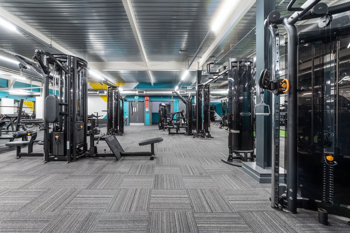 PureGym Harrogate: Resistance machines, weight racks, benches, rubberized flooring in a modern gym interior.