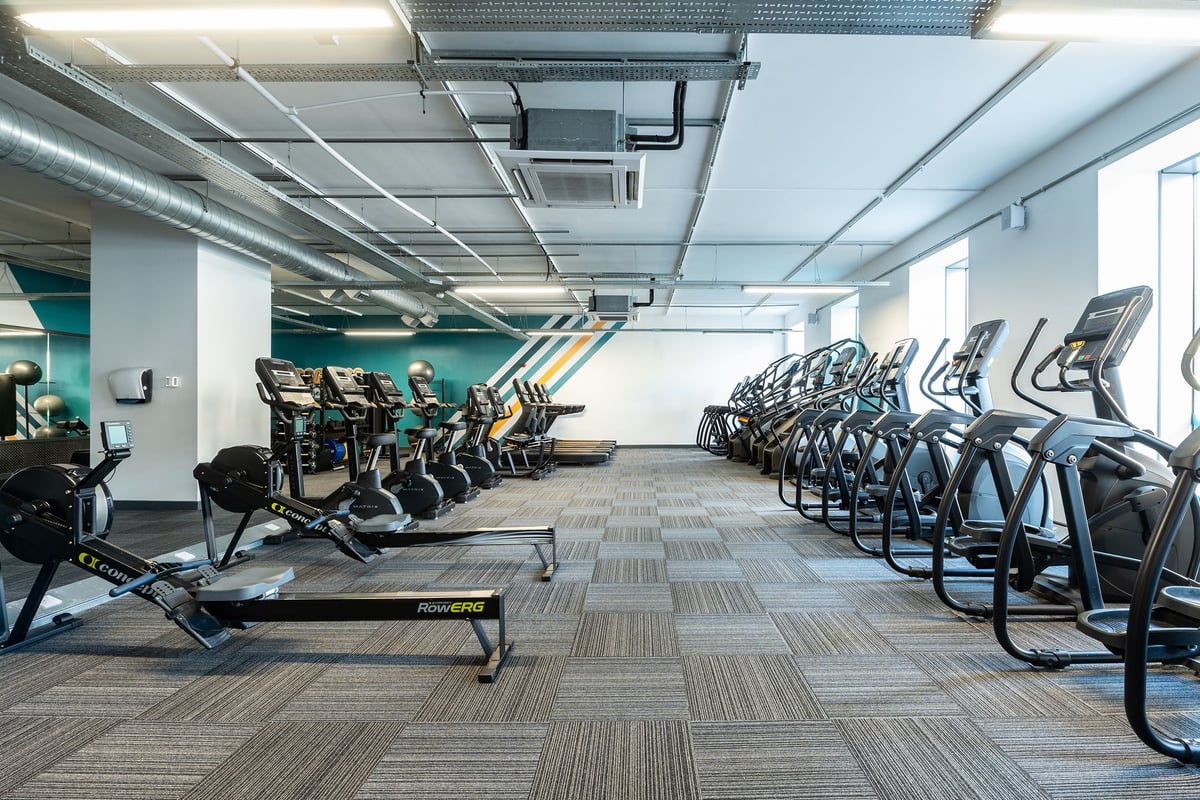 PureGym Stevenage: Rows of cycling machines, rowers, and benches in a spacious gym studio.