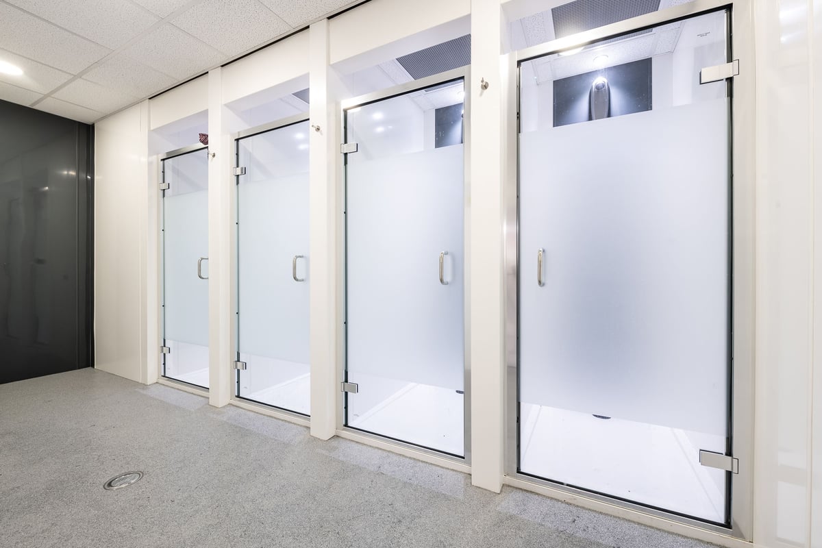 PureGym Portsmouth North Harbour: Frosted glass doors leading to gym changing rooms or showers.