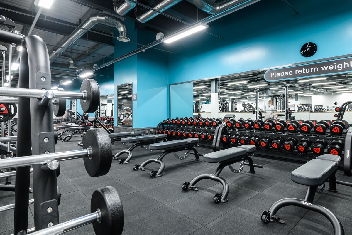 PureGym Newry: Weight racks, benches, free weights, and rubberised flooring in a gym setting.