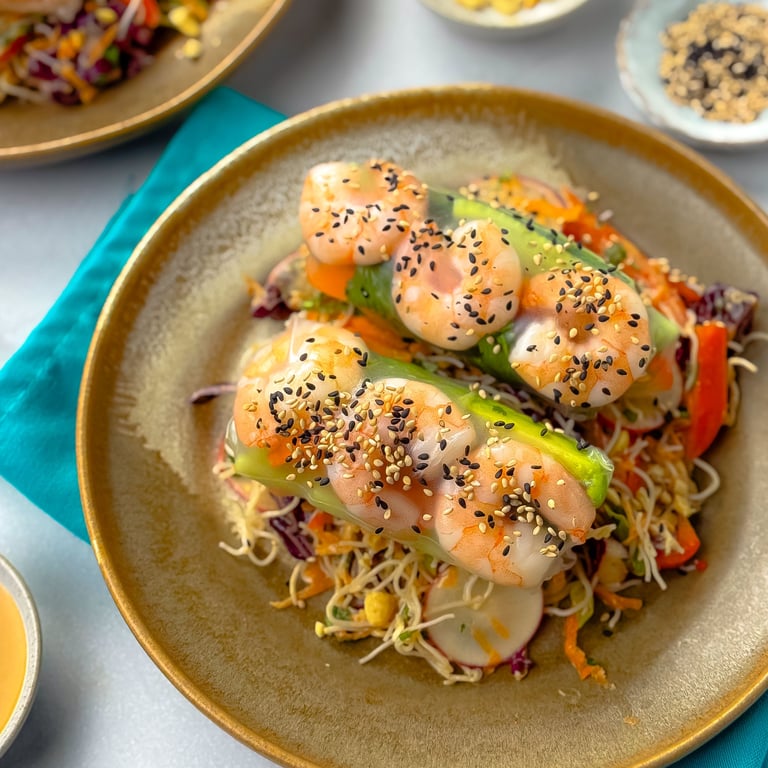 Sommerrollen mit Riesengarnelen oder vegetarisch mit Satay-Nudelsalat