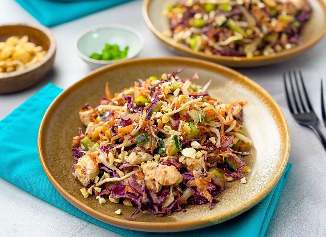 Plates of colourful salad with shredded vegetables, nuts, and pieces of chicken on a blue