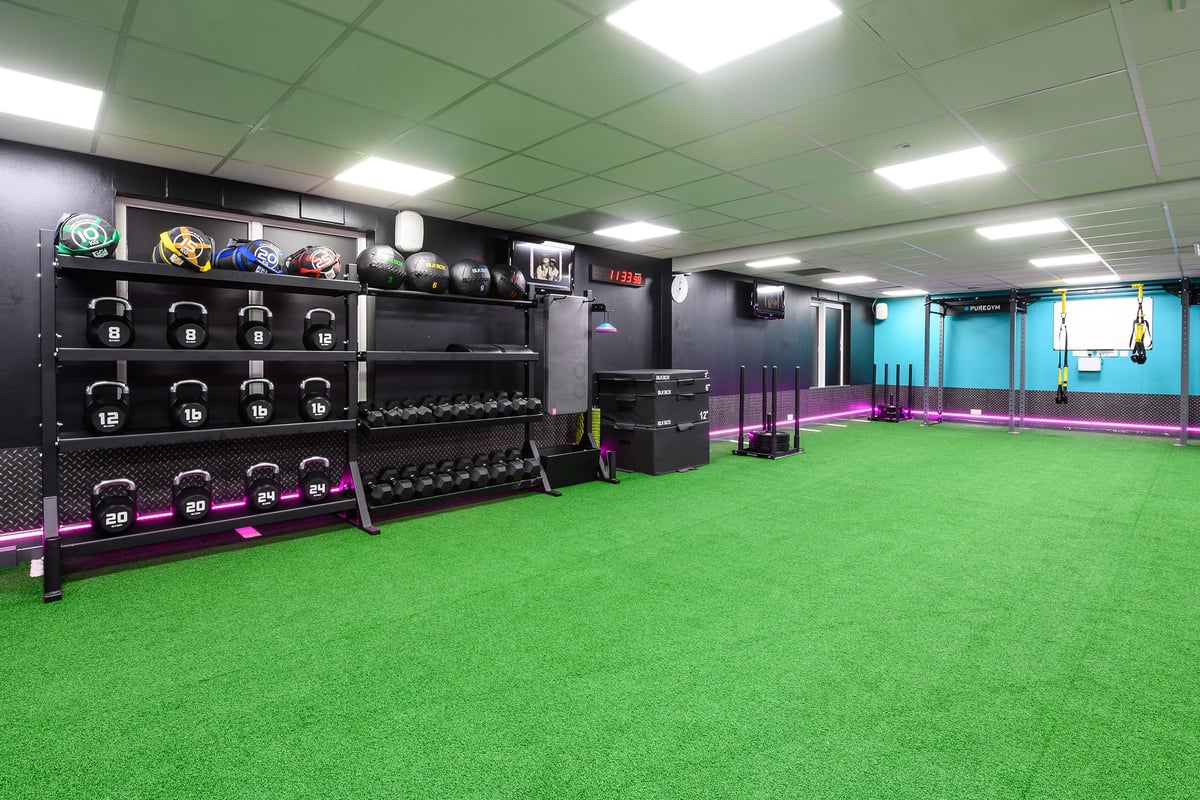 PureGym Burnham: Free weight racks, medicine balls, resistance bands, turf flooring with lifting platforms.