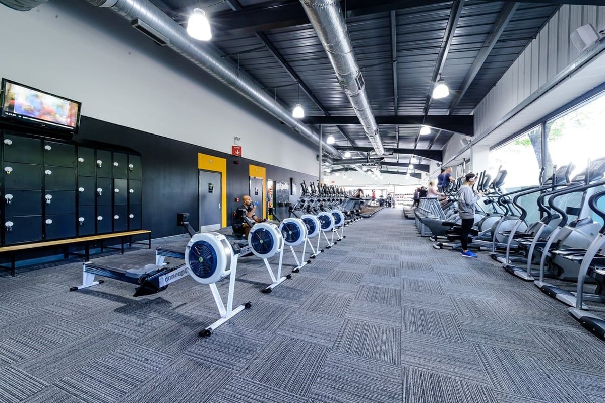 PureGym Leicester Walnut Street: Rows of treadmills, weight racks, benches, and rubberized flooring in a modern gym interior.