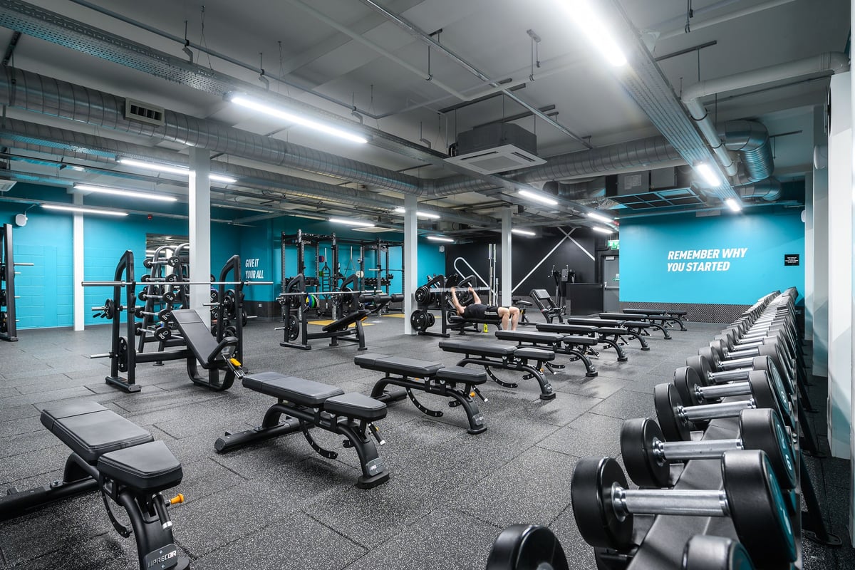 PureGym Salisbury: Weightlifting area with benches, dumbbells, and barbells on racks.