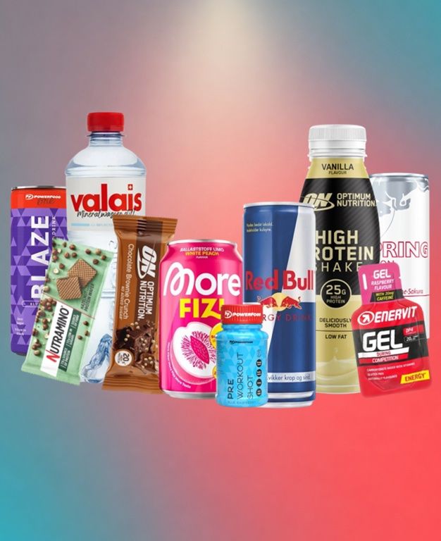 Assortiment de boissons énergétiques et barres protéinées