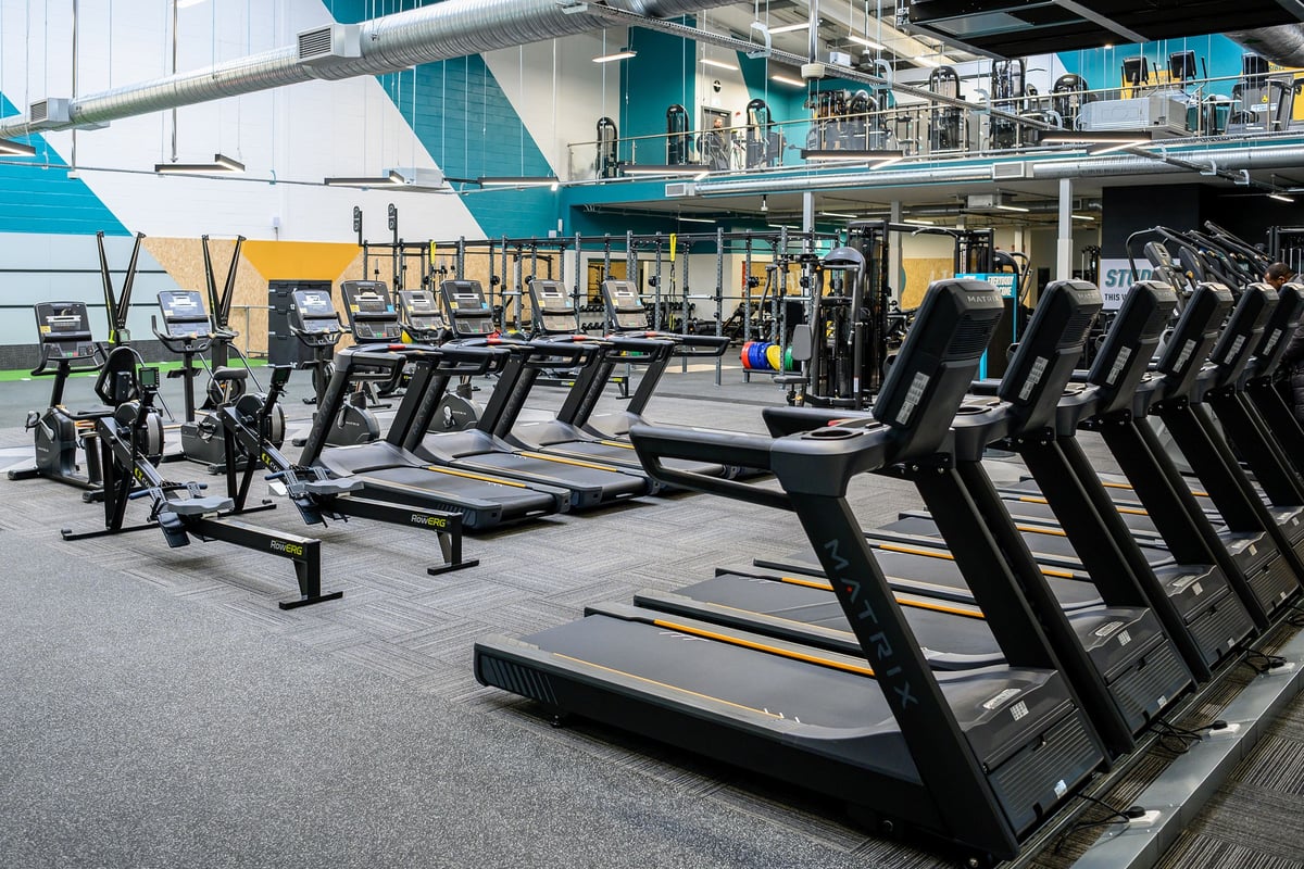 PureGym South Ruislip: Rows of treadmills, cross-trainers, and exercise bikes in a modern fitness facility.