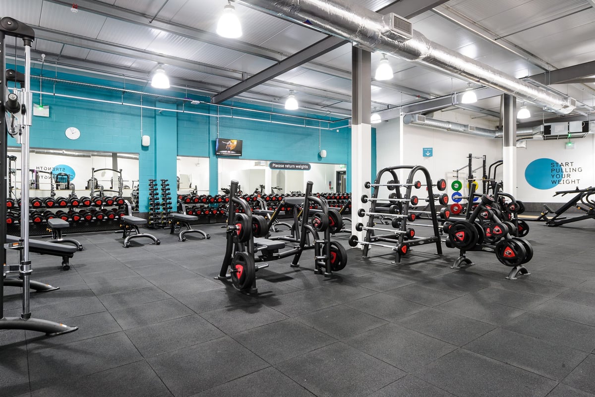PureGym Leeds Regent Street: Strength training area with squat racks, weight plates, dumbbells, and rubberized flooring.
