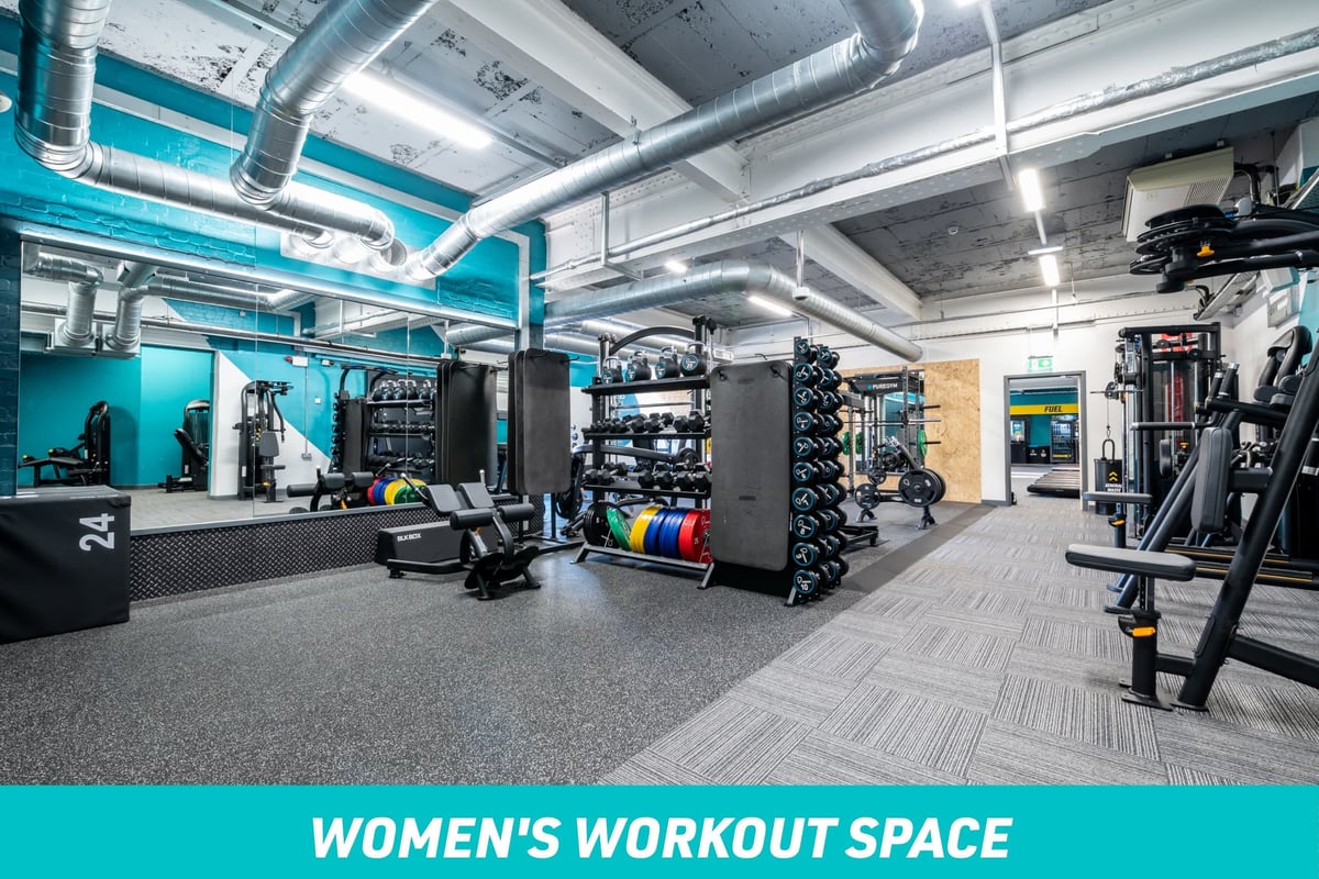PureGym London Oval Women's Workout Space: large mirror, kettlebells and dumbbells