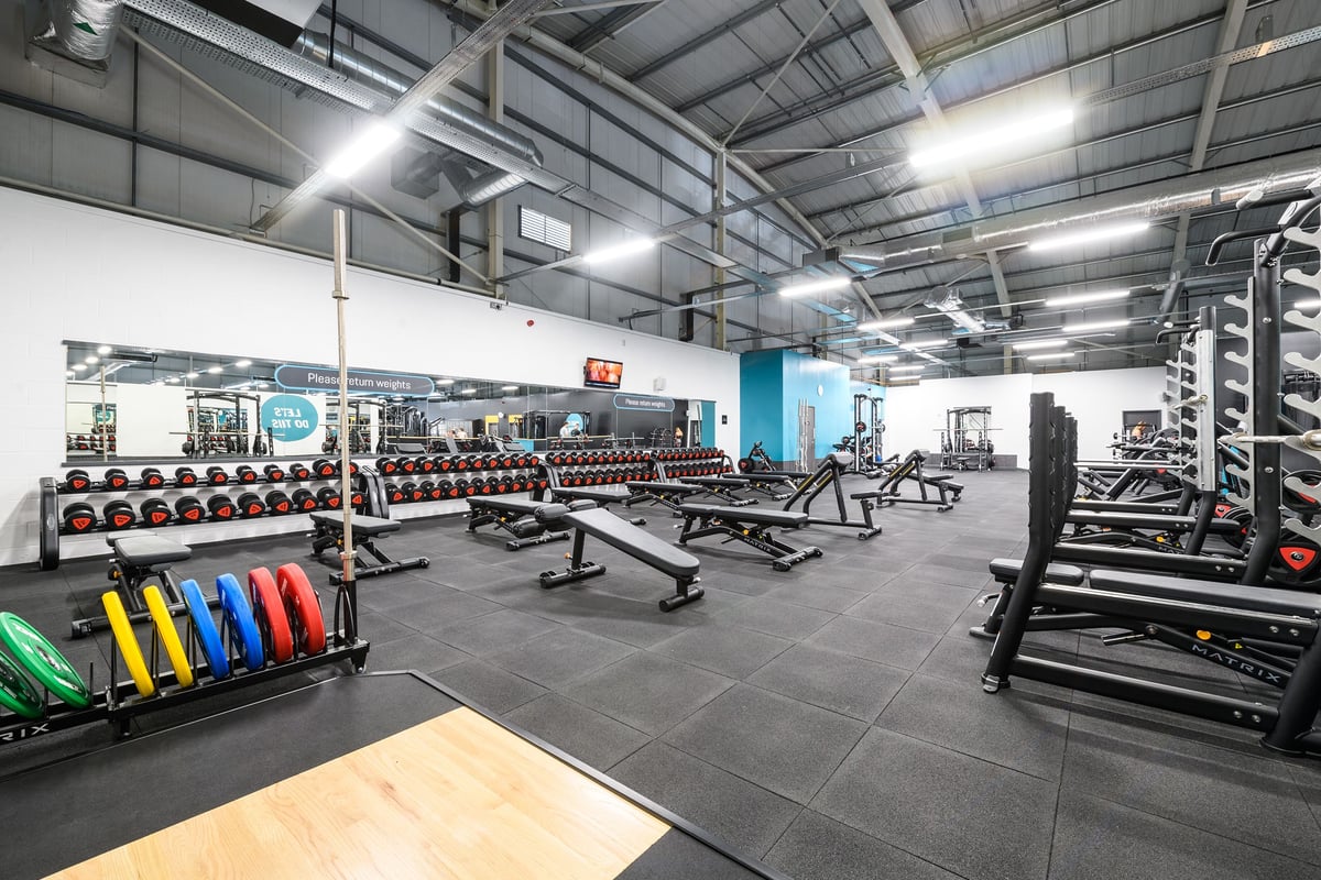 PureGym Fareham: Weight racks, benches, dumbbell sets, and gym equipment on rubberised flooring under industrial lighting.