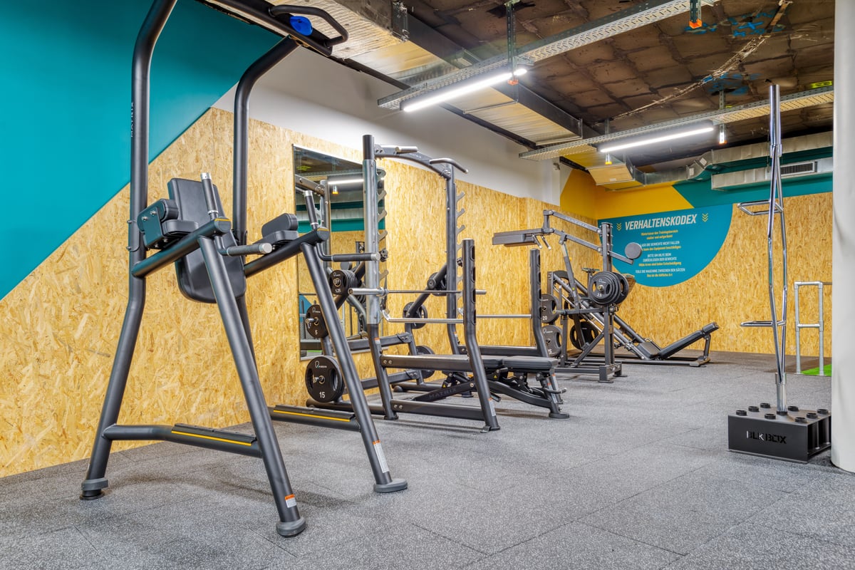 Un espace de gym avec plusieurs machines de musculation à charges libres