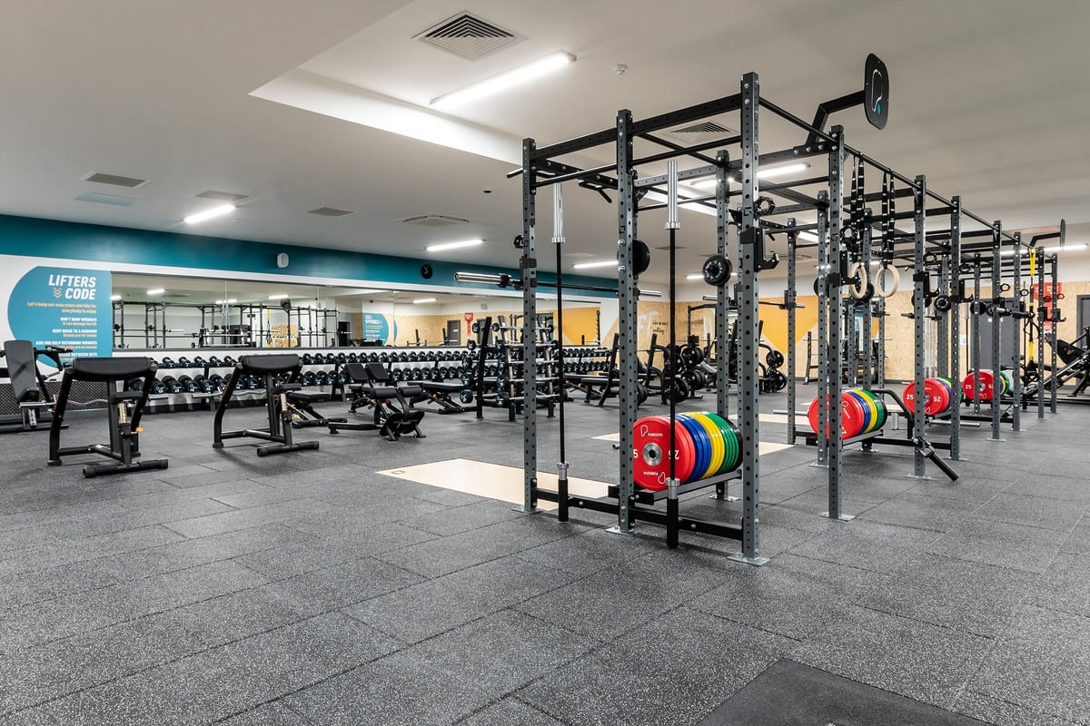PureGym Bangor Wales: Strength rig, weight plates, benches, dumbbells, rubberized flooring in a spacious gym studio.