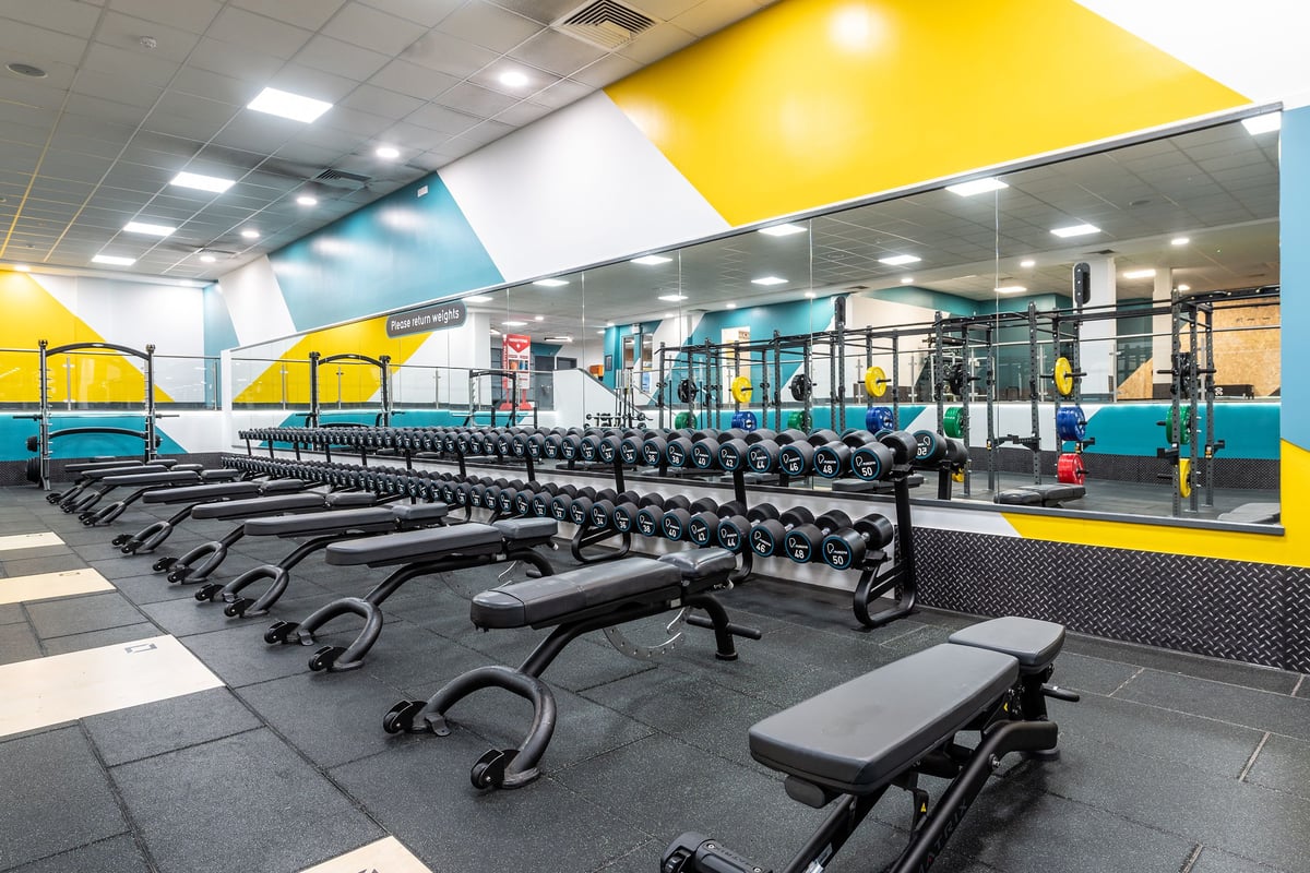 PureGym Harlow: Rows of weight benches, free weights, and rubberized flooring in a yellow and blue gym interior.