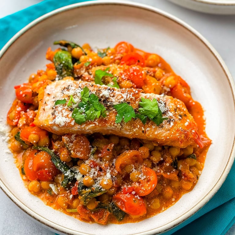 Lachspfanne mit cremigen Kichererbsen und Tomaten