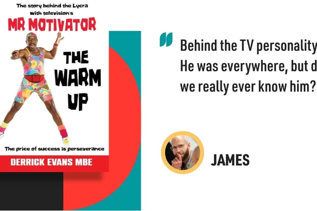 Man in colourful lycra suit jumping beside text about Mr Motivator book by Derrick Evans M