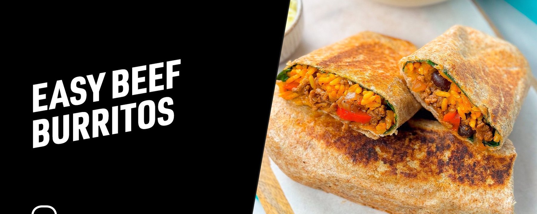 Two toasted beef burritos cut in half with rice, beans, and vegetables inside
