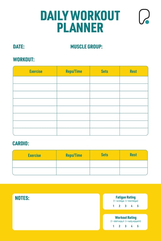 Daily workout planner with sections for exercises, reps, sets, rest, notes, and ratings.