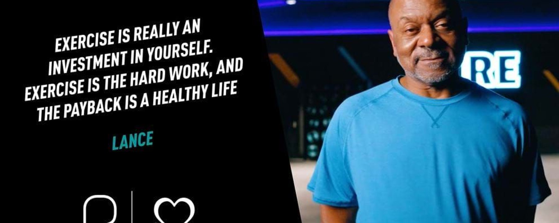 Man in blue t-shirt standing with a motivational exercise quote on a black background.