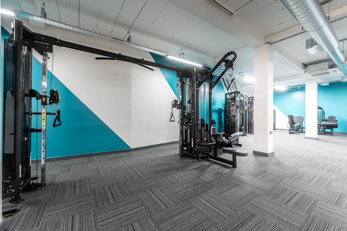 PureGym London Hornchurch: Resistance machines, pulley systems, rubberized flooring, and teal accent walls in a gym.