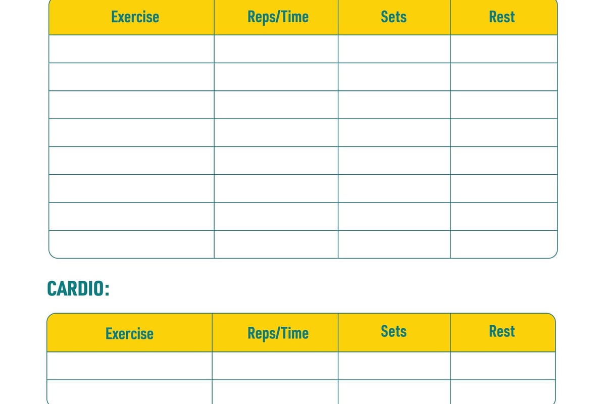 Daily workout planner with sections for exercises, reps, sets, rest, notes, and ratings.