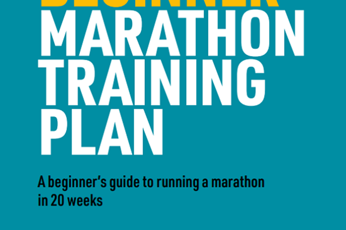 Beginner marathon training plan guide cover in turquoise with yellow and white text