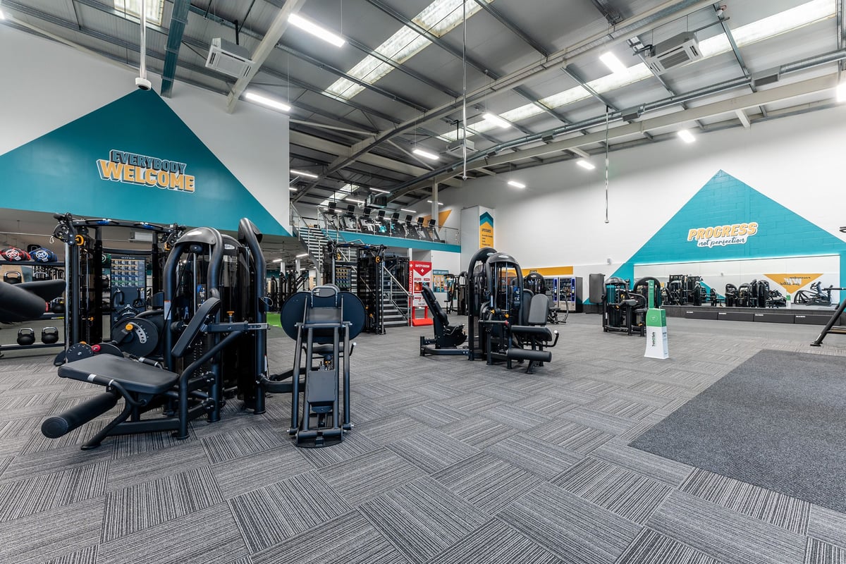 PureGym Maidenhead: Rows of functional training equipment, free weights, and resistance machines in a warehouse-style gym.
