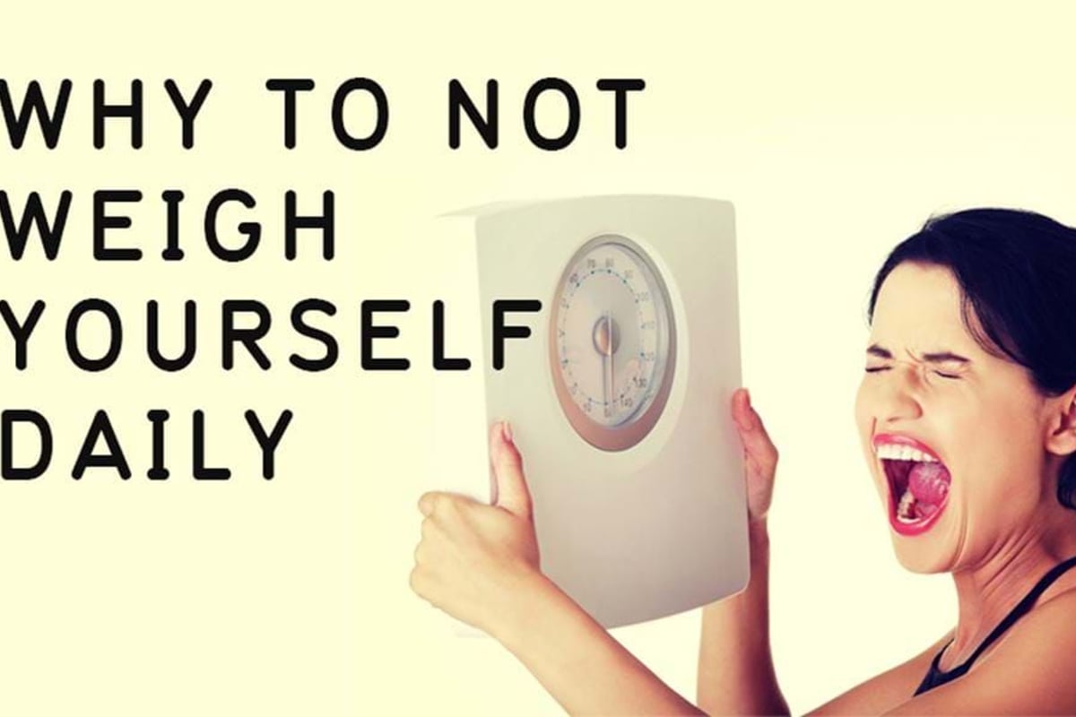 Woman shouting while holding a weighing scale with text about not weighing daily