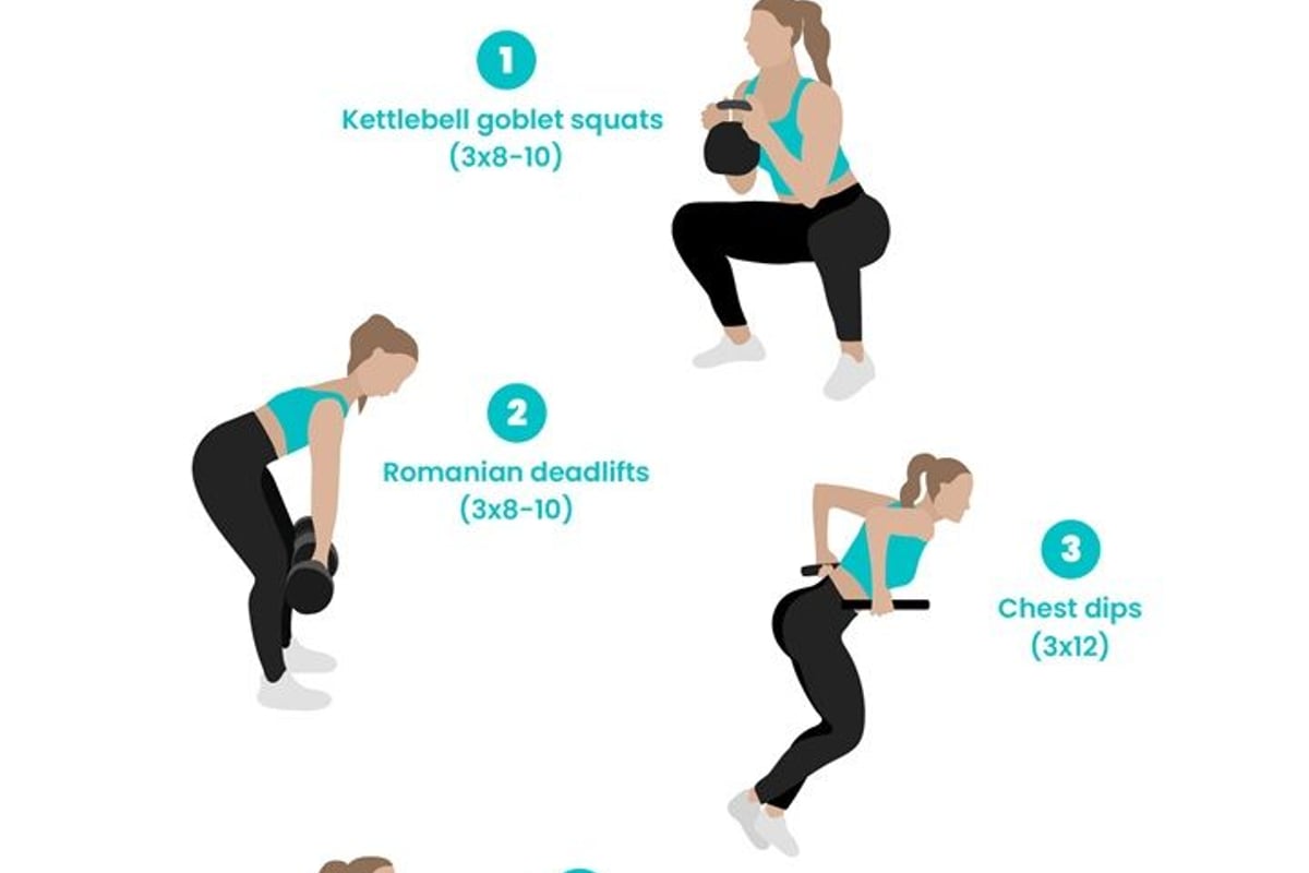 Illustrated workout guide for a full body, intermediate level functional workout