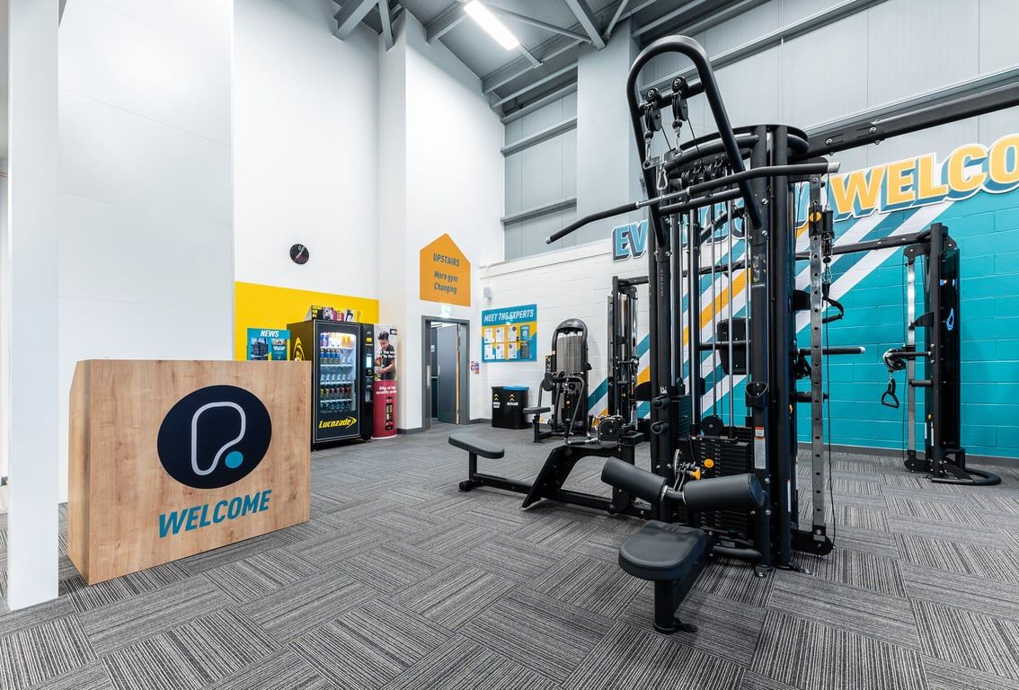 PureGym Heanor: Resistance training machines, wooden logo panel, vending machines, benches, rubberized flooring.