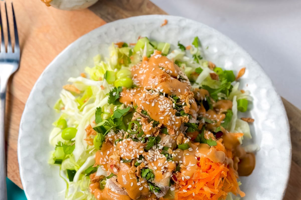 Salad with shredded carrot, cabbage, edamame, chicken, sesame seeds, and dressing on white