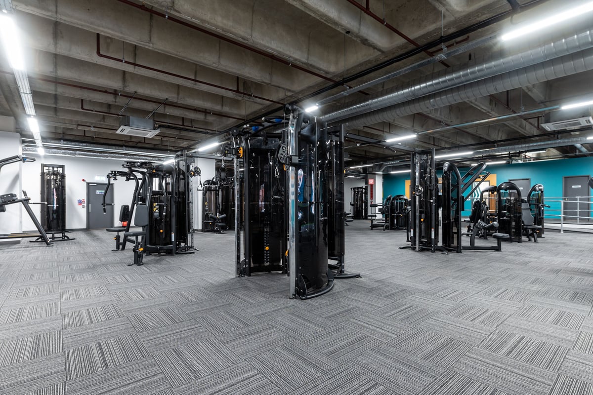 PureGym London Ealing Broadway: Rows of black cable machines, weights, and patterned rubber flooring in a basement gym.