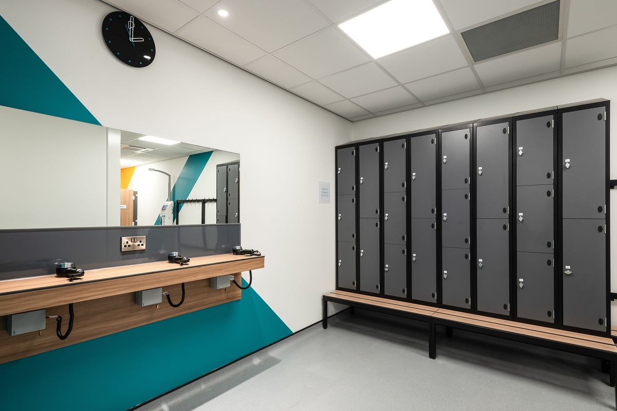 PureGym Llantrisant: changing room with lockers, benches and hairdryer