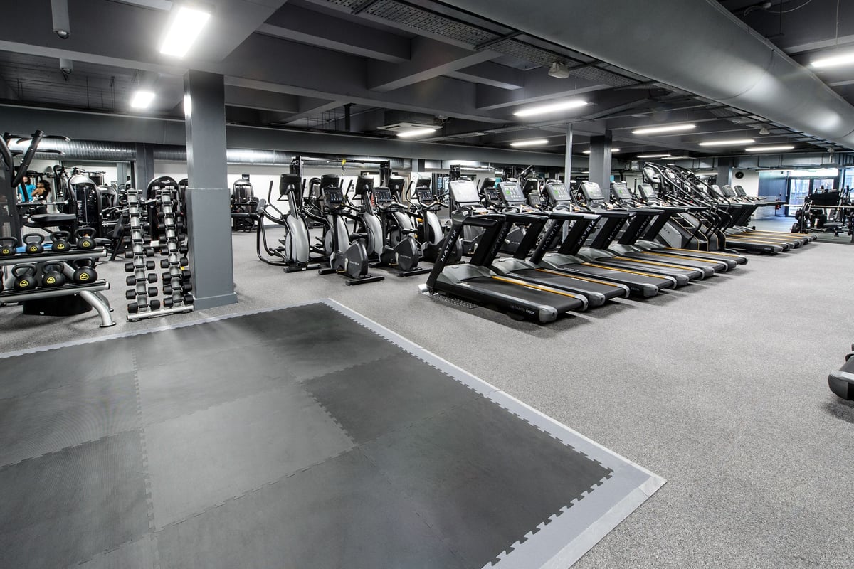 PureGym London Wembley: Rows of treadmills, exercise bikes, weight racks with dumbbells in a well-lit gym interior.