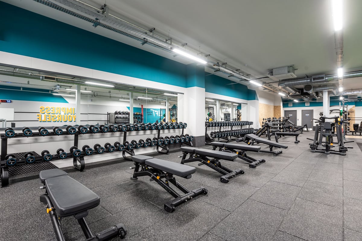 PureGym Guiseley: Rows of dumbbell racks, weight benches, and rubberized flooring in a gym with teal accent walls.