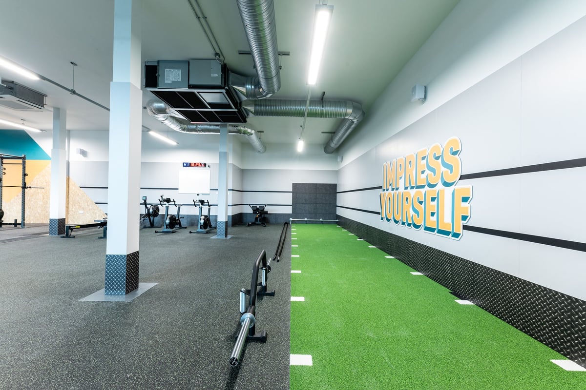 PureGym Caerphilly: Free weights, benches, green turf area, wall mirrors, fitness machines.