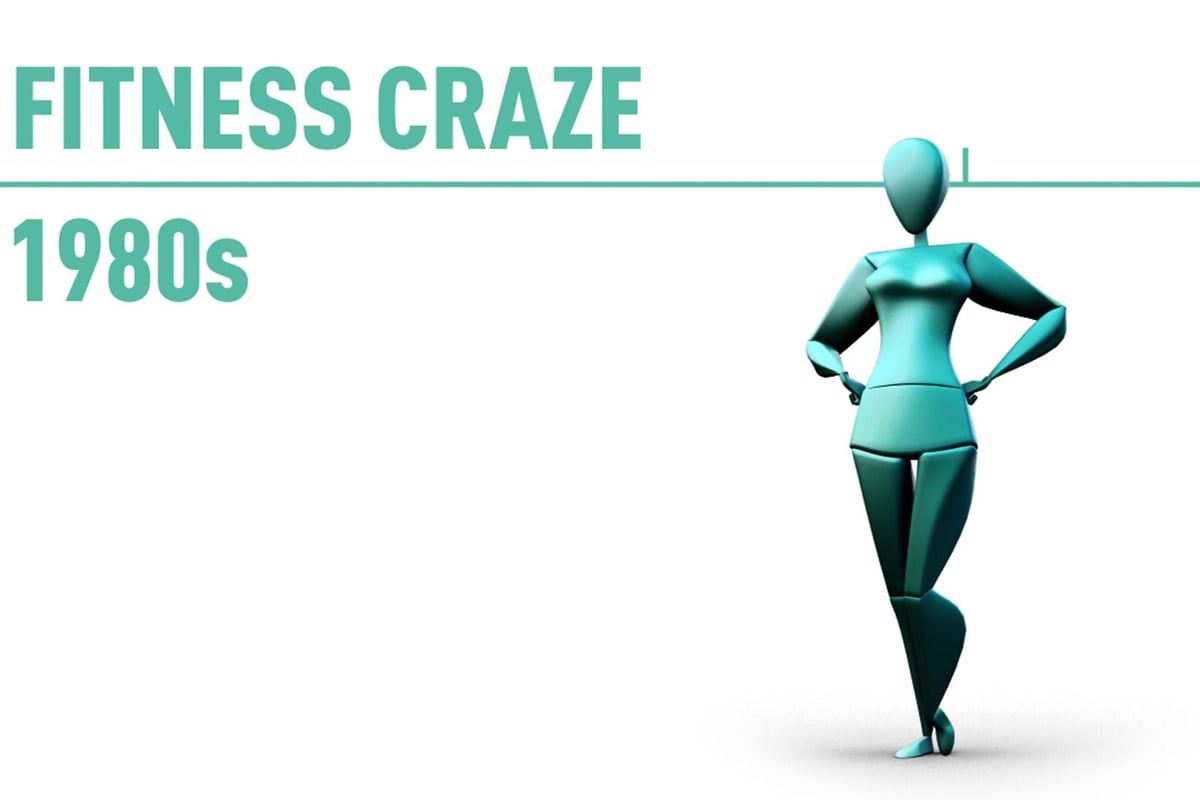 Stylised figure standing with hands on hips next to text reading Fitness Craze 1980s