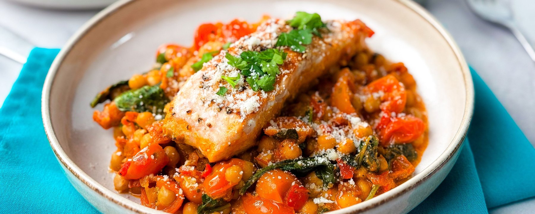 One Pan Creamy Chickpea and Tomato Salmon