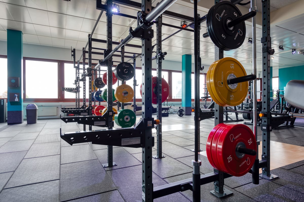 Racks de squat du gym chargés de disques colorés