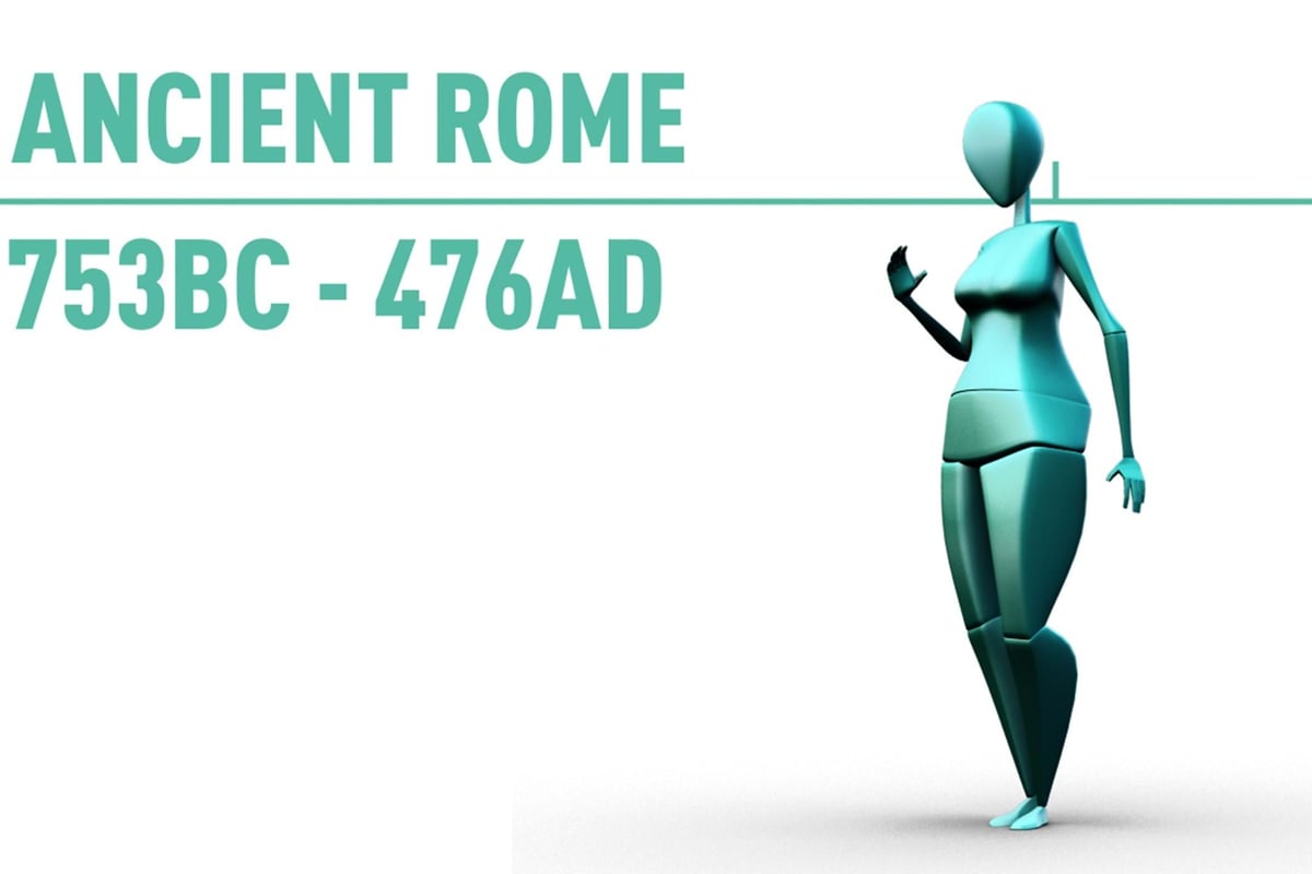 Stylised blue mannequin figure next to text Ancient Rome 753BC - 476AD on white background