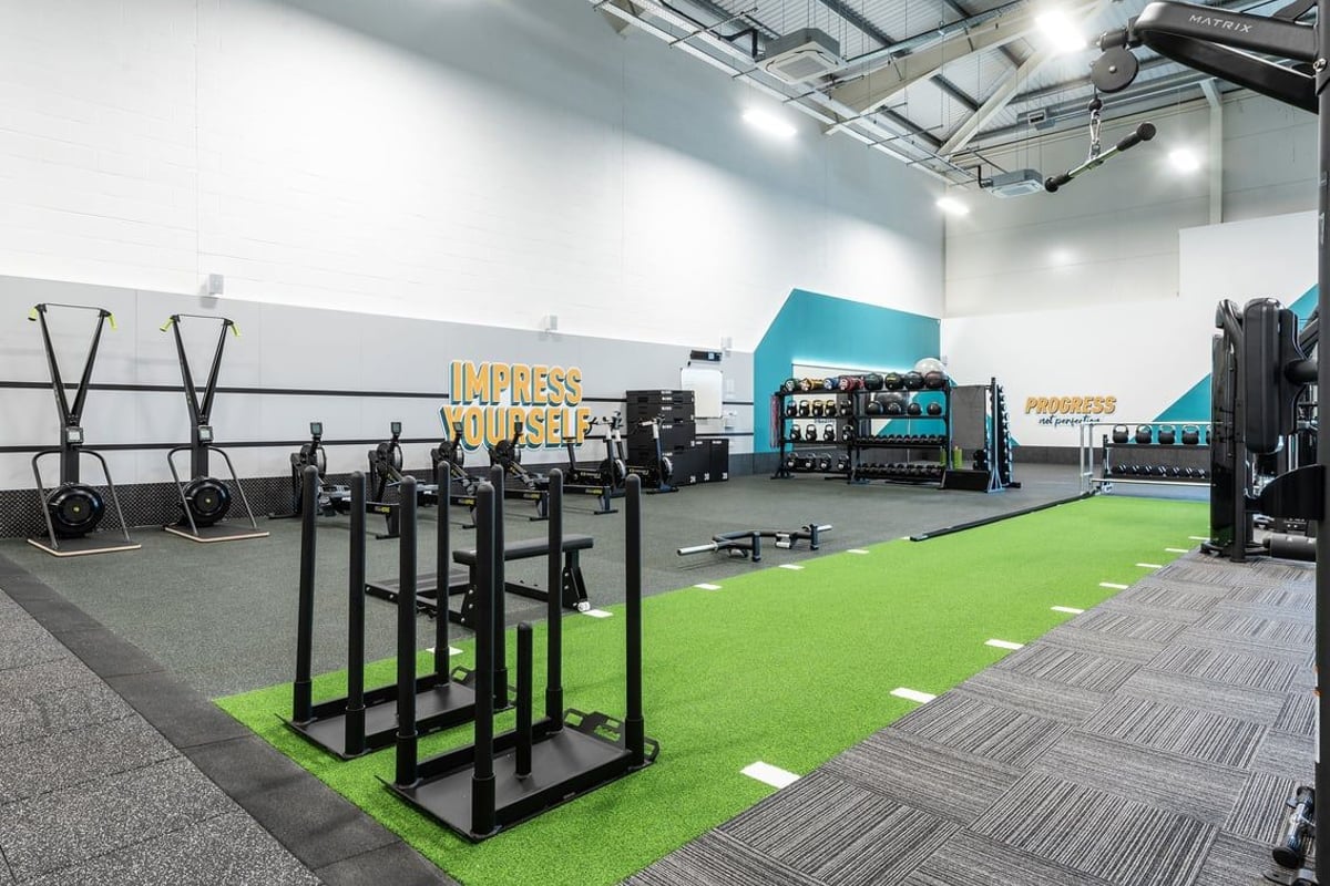 PureGym Portishead: Squat racks, resistance machines, green turf area, rubberized flooring, and mirrored walls.