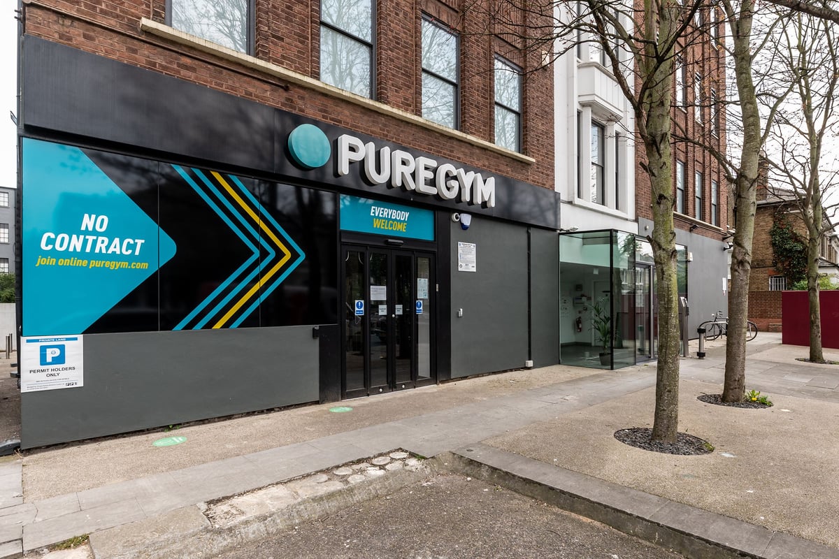 PureGym London Holloway Road: Gym exterior storefront with branding, signage, and entrance visible.